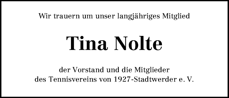 Traueranzeige von Tina Mareen Nolte von WESER-KURIER